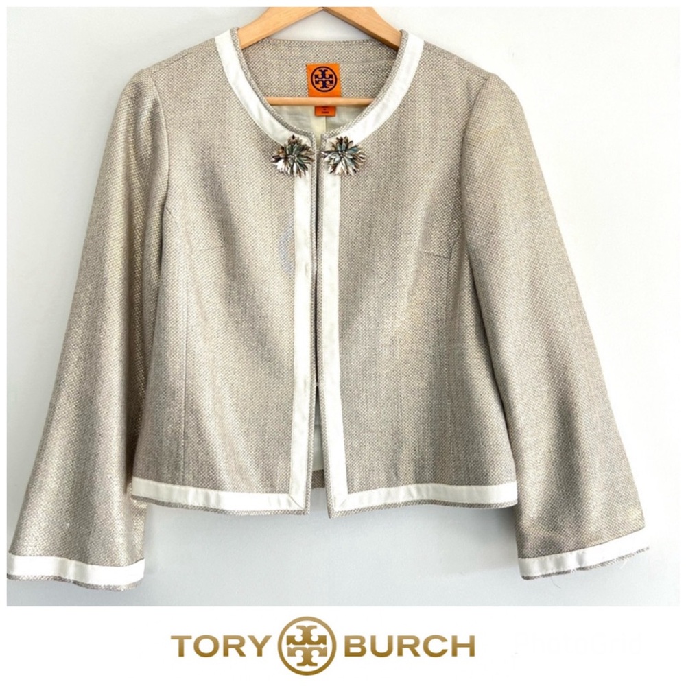 TORY BURCH Gold Basketweave Paley Shimmer Linen Blend Metal Floral Jacket Sz 6